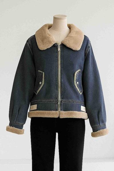 Kürk Detaylı Fermuarlı Kot Mont Koyu Mavi