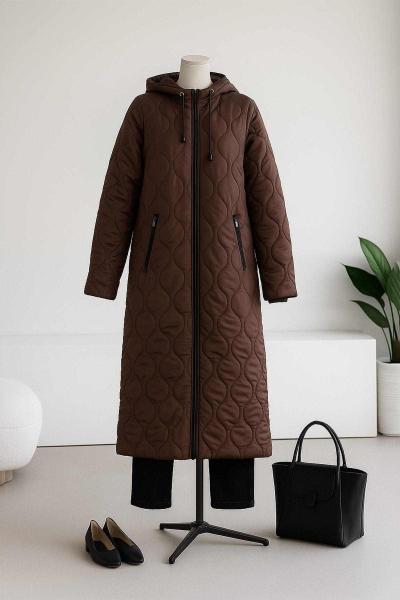 Limon Desenli Kapşonlu Oversıze Kapitone Mont Kahve