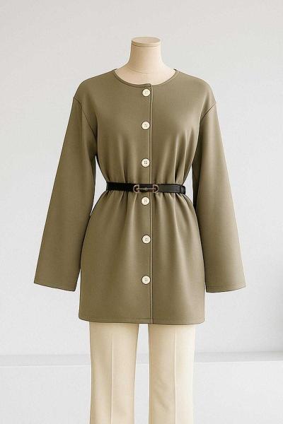 Beli Büzgülü Kemerli Scuba Ceket Yeşil