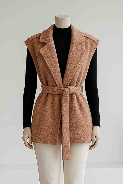 Apoletli Kuşaklı Buklet Yelek Camel