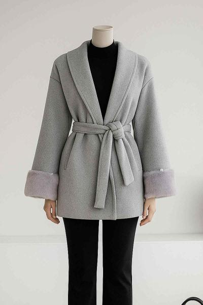 Kolları Kürklü Oversıze Moskova Kaşe Kaban Gri