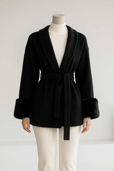 Kolları Kürklü Oversıze Moskova Kaşe Kaban Siyah