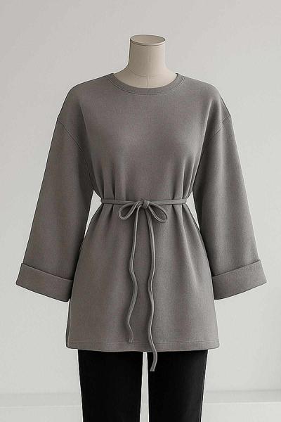 Duble Kol İnce Kuşaklı Selanik Tunik Gri