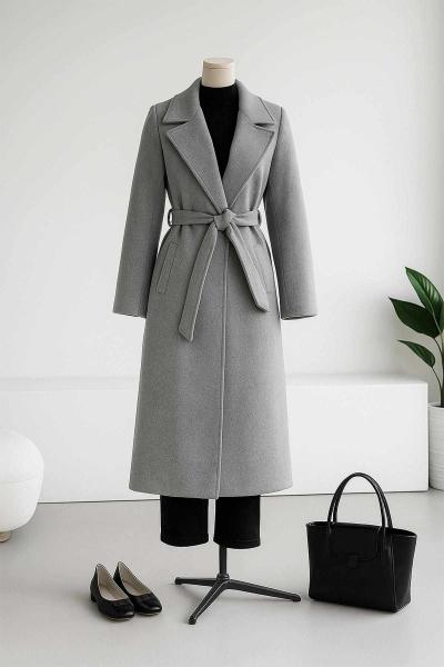 Kuşaklı Men Yaka Moskova Kaşe Kaban Gri