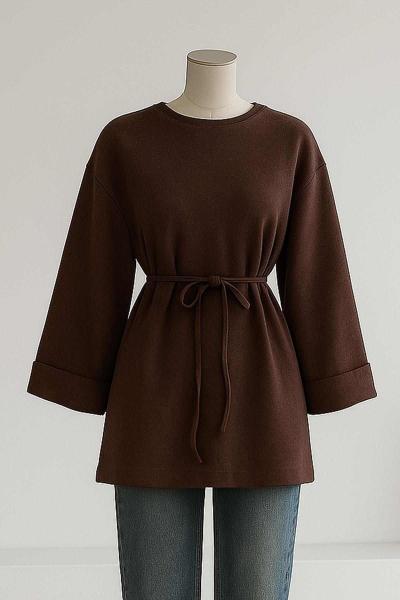 Duble Kol İnce Kuşaklı Selanik Tunik Kahve