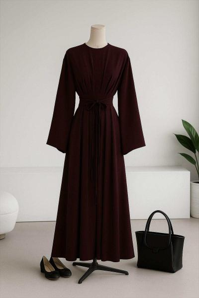 Çift Bağlamalı Pileli Poliviskon Elbise Mürdüm