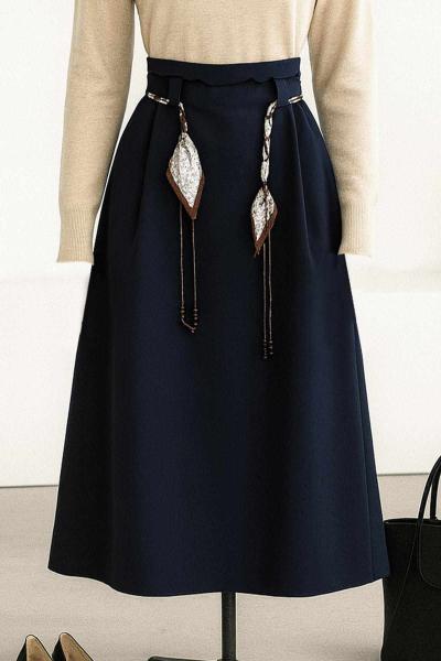 Pileli Örgü Fular Kuşaklı Poliviskon Etek Lacivert