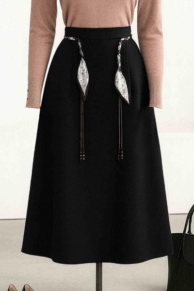 Pileli Örgü Fular Kuşaklı Poliviskon Etek Siyah