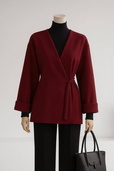 Yandan Bağlamalı Oversıze Duble Kol Kaşe Ceket Bordo