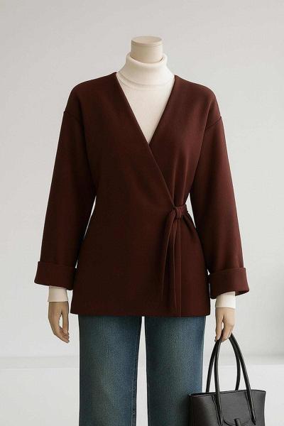 Yandan Bağlamalı Oversıze Duble Kol Kaşe Ceket Kahve