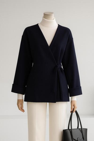 Yandan Bağlamalı Oversıze Duble Kol Kaşe Ceket Lacivert