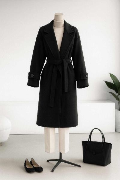 Kolu Bantlı Kuşaklı Moskova Kaşe Kaban Siyah