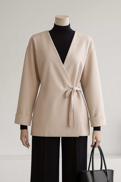 Yandan Bağlamalı Oversıze Duble Kol Kaşe Ceket Taş