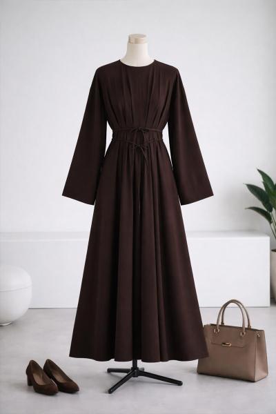 Çift Bağlamalı Pileli Poliviskon Elbise Kahve