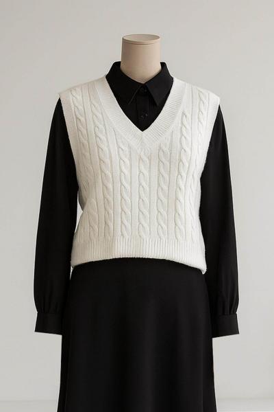 V Yaka Saç Örgü Triko Süveter Kemik