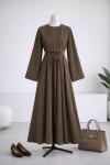 Çift Bağlamalı Pileli Poliviskon Elbise Yağ Yeşili