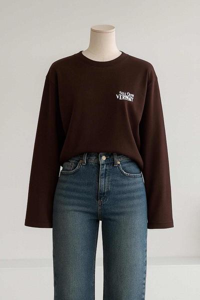 Bisiklet Yaka Baskılı Oversıze Sweat Kahve