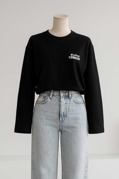 Bisiklet Yaka Baskılı Oversıze Sweat Siyah