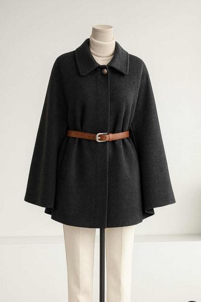 Deri Kemerli Oversıze Kaşe Panço Antrasit