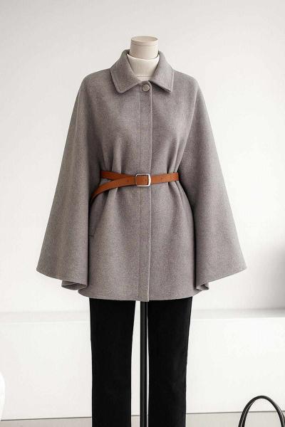 Deri Kemerli Oversıze Kaşe Panço Gri