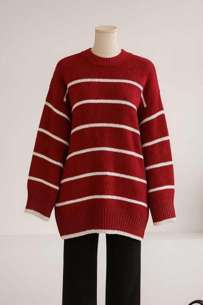 Bisiklet Yaka Enine Çizgili Triko Tunik Kırmızı