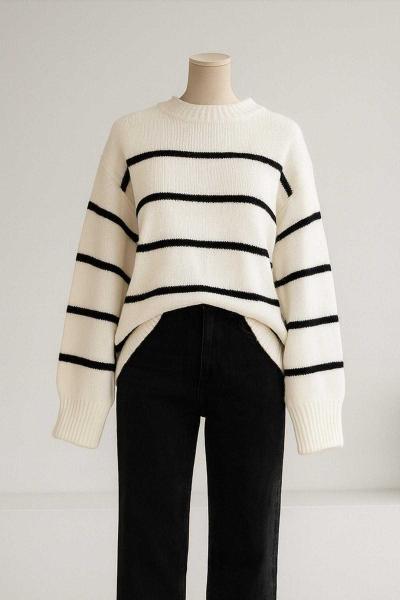 Bisiklet Yaka Enine Çizgili Triko Tunik Kemik