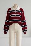 Polo Yaka Patı Düğmeli Çizgili  Pike Örgü Kazak Bordo