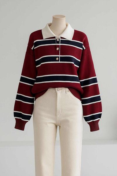 Polo Yaka Patı Düğmeli Çizgili  Pike Örgü Kazak Bordo
