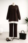Üstü Pilise Taş Garnili Pantolonlu Aysho Takım Koyu Kahve