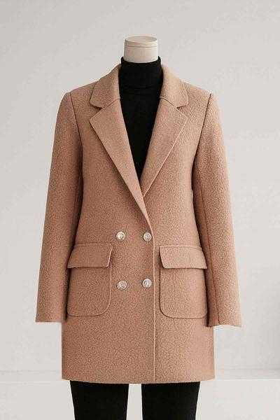 Dört Düğmeli Çift Cepli Buklet Ceket Açık Camel