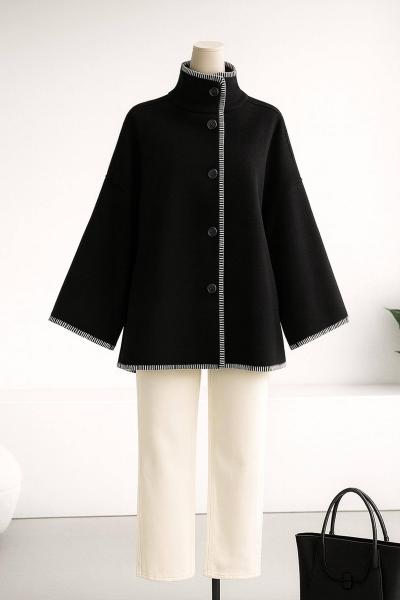 Çoban Dikişli Düğmeli Kaşe Ceket Siyah