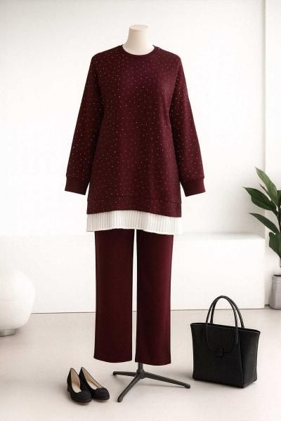 Üstü Pilise Taş Garnili Pantolonlu Aysho Takım Mürdüm