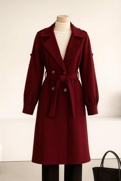Apoletli Kuşaklı Kaşe Kaban Bordo