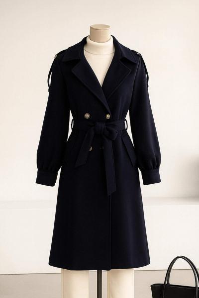 Apoletli Kuşaklı Kaşe Kaban Lacivert