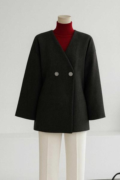 Çift Düğmeli V Yaka Kaşe Ceket Antrasit