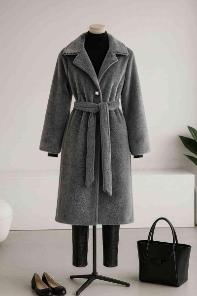 Balon Kollu Kuşaklı Fox Kürk Kaban Füme