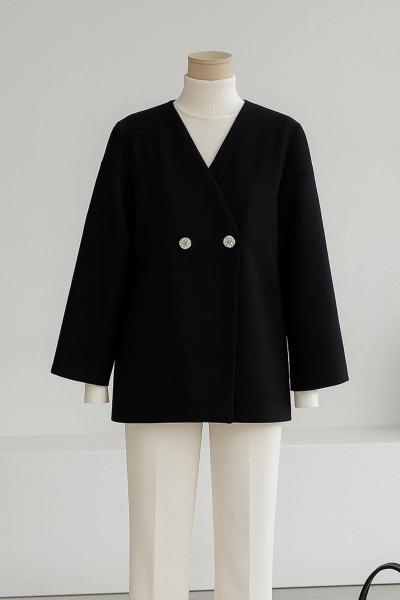 Çift Düğmeli V Yaka Kaşe Ceket Lacivert