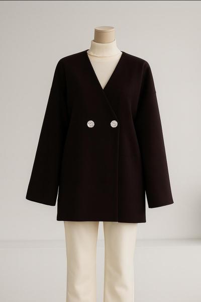 Çift Düğmeli V Yaka Kaşe Ceket Koyu Kahve