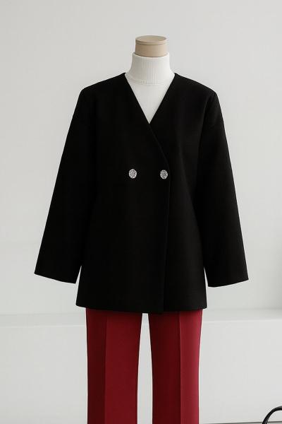 Çift Düğmeli V Yaka Kaşe Ceket Siyah