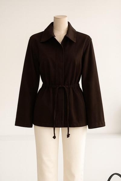 Bel Büzgülü Gabardin Ceket Kahve