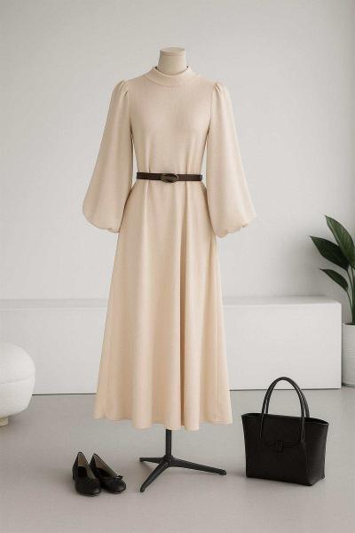 Balon Kollu Fitilli Kemerli Elbise Krem