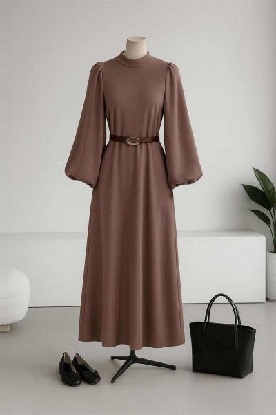 Balon Kollu Fitilli Kemerli Elbise Sütlü Kahve