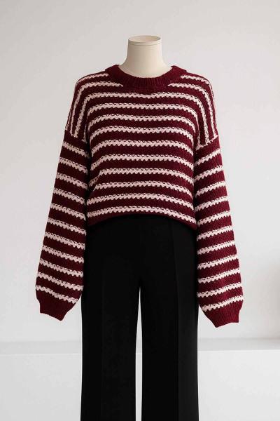 Çizgili İpek Purble Triko Kazak Bordo