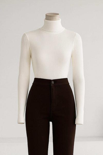 Likralı Balıkçı Triko Kazak Ekru