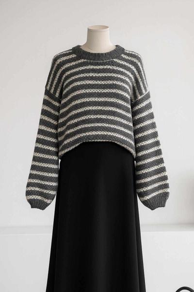 Çizgili İpek Purble Triko Kazak Gri