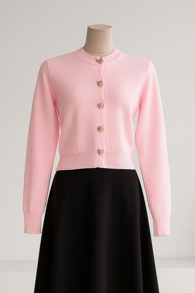 Kalp Düğmeli Kısa Triko Hırka Pembe