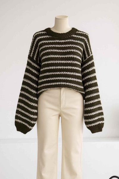 Çizgili İpek Purble Triko Kazak Haki