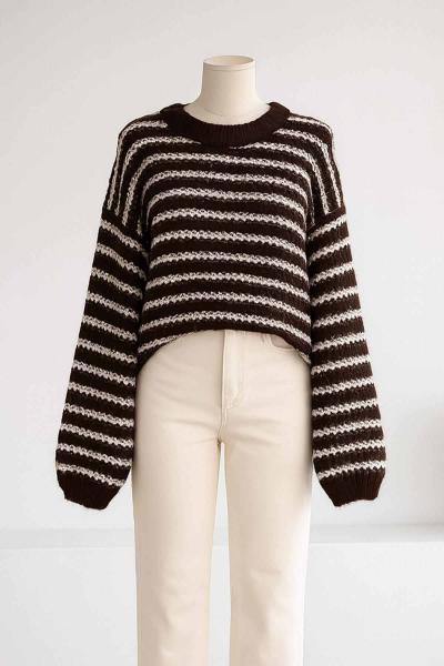 Çizgili İpek Purble Triko Kazak Kahve