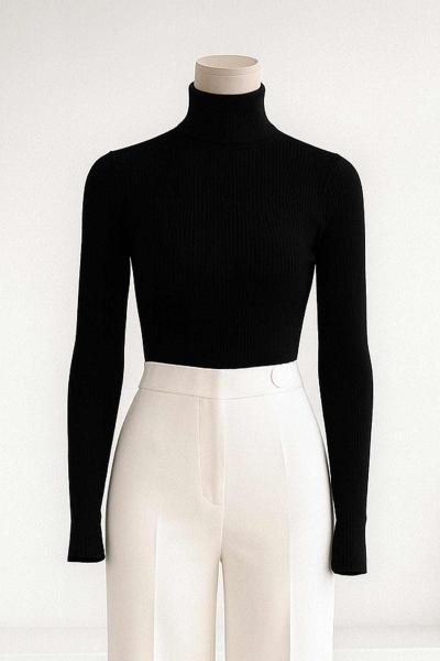 Likralı Balıkçı Triko Kazak Siyah