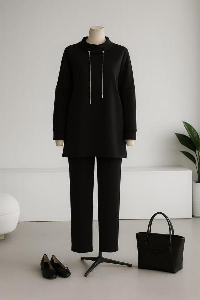 Dik Yakalı Sim Bağcıklı Scuba Pantolonlu Takım Siyah